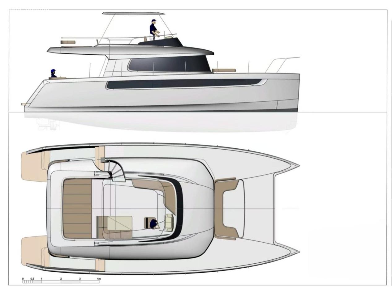 Anteproyecto t&eacute;cnico de catamar&aacute;n de vela de 47 pies, vista superior y alzado lateral del casco