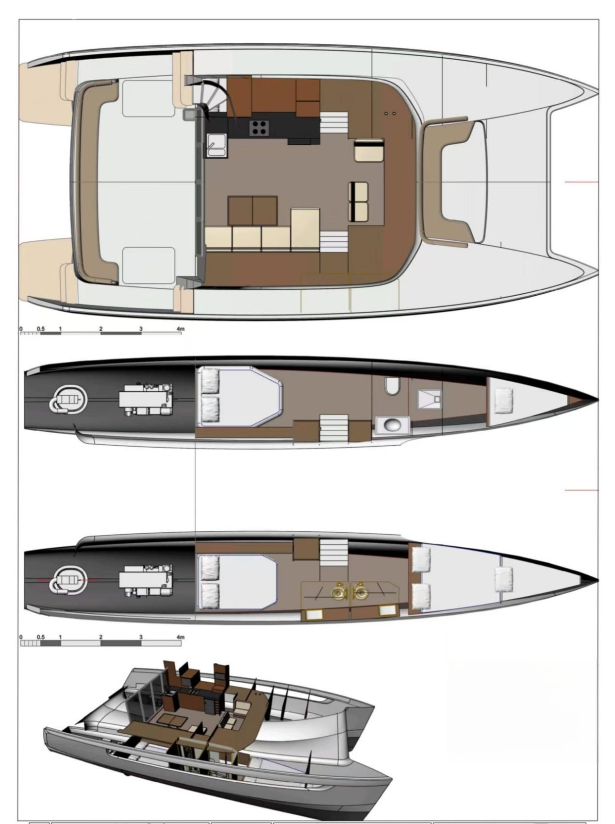 Planos de cabina de varios niveles y representaci&oacute;n en perspectiva 3D para un catamar&aacute;n de vela de 47 pies